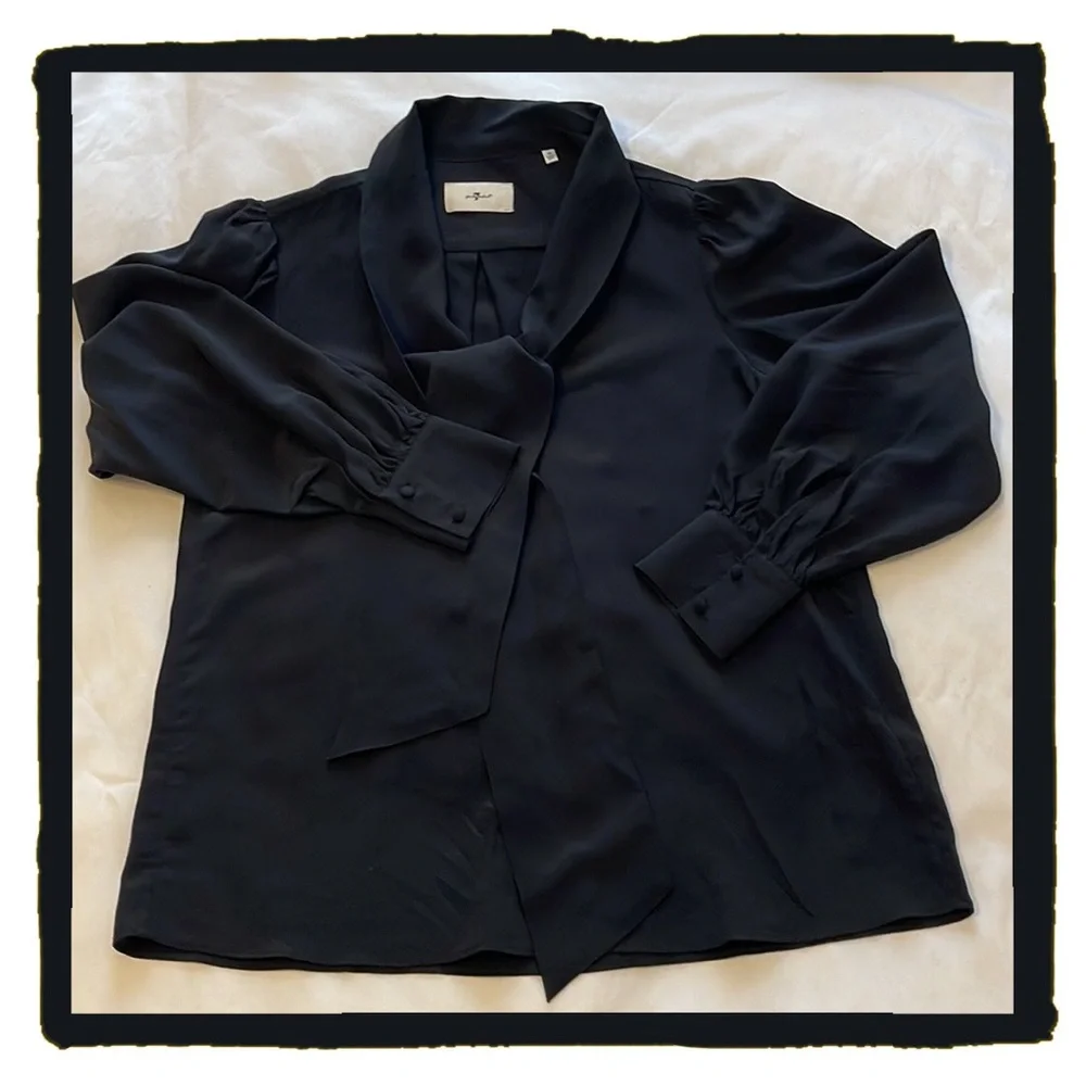 💕Beautiful Black Silk Relaxed Bow Blouse 7 For All Mankind💕 - Picture 5 of 5